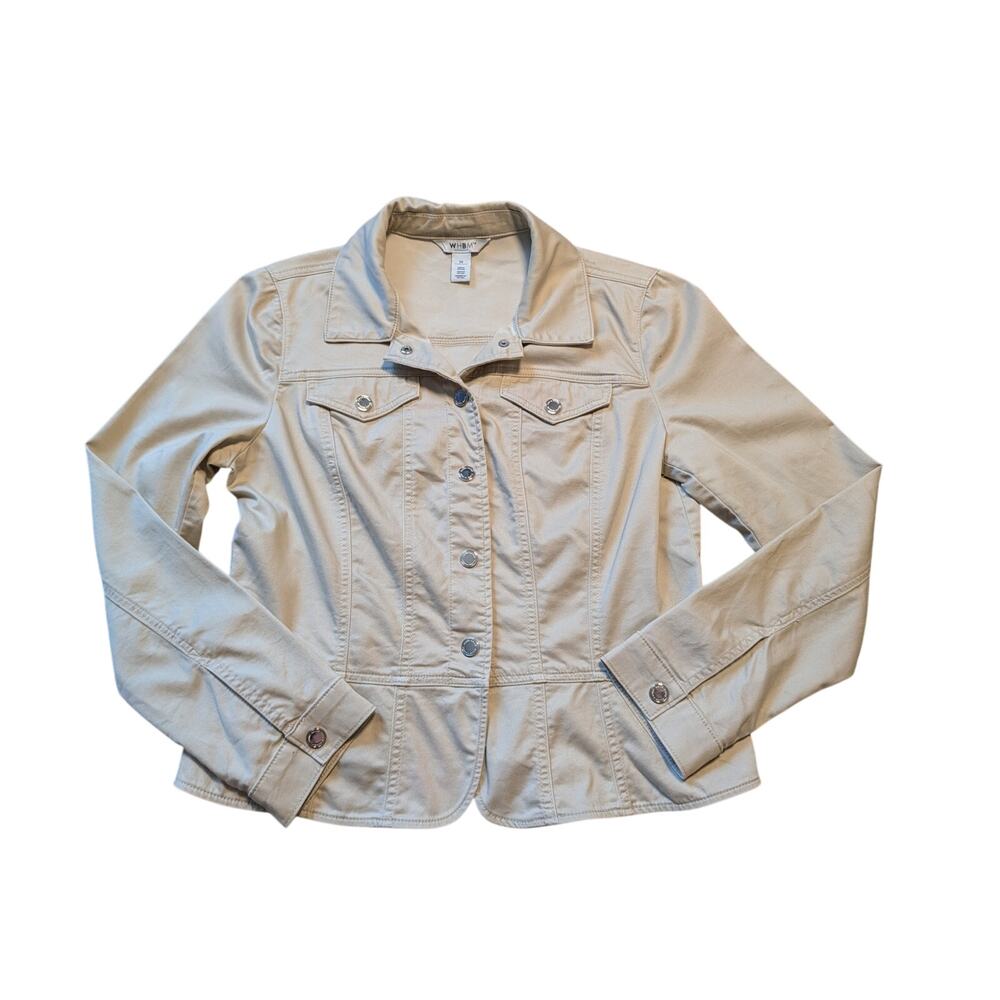 White House Black Market Women's Beige Tan Stretch Denim Peplum Jacket Sz 14